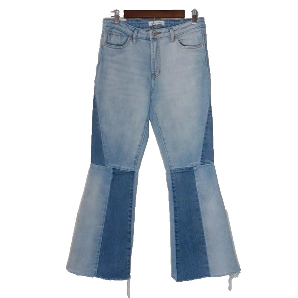 Almost Famous Jeans Womens 9 Blue Patchwork Flare Bell Bottom Raw Hem Retro Boho